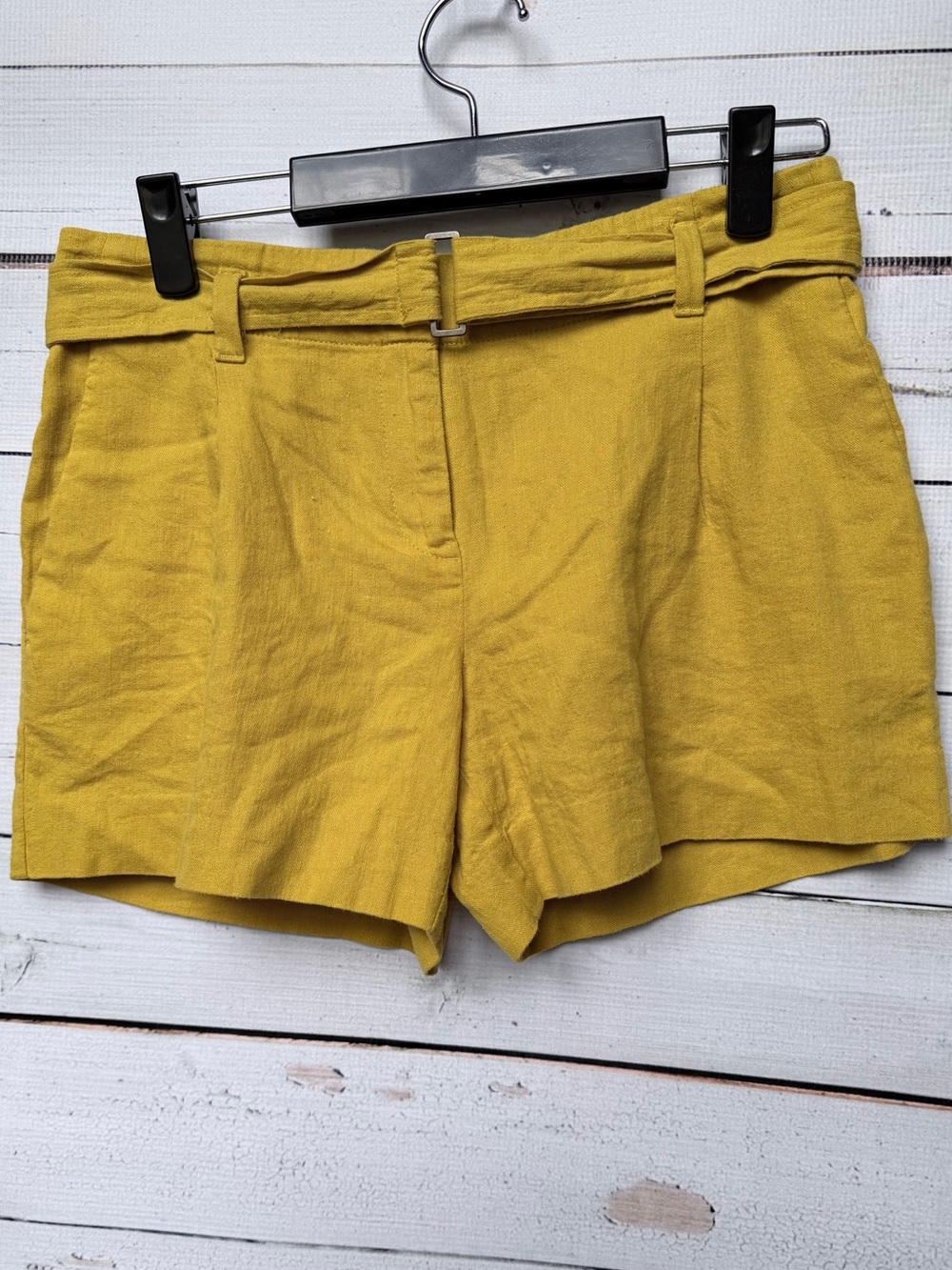 LOFT Mustard High-Waist Linen-Blend Shorts with Slim Belt